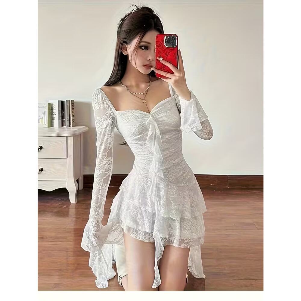 White Gothic Lace High-Low Maxi Dress Sheer Long Sleeve Fairycore Y2K (Size L) - Picture 2 of 5